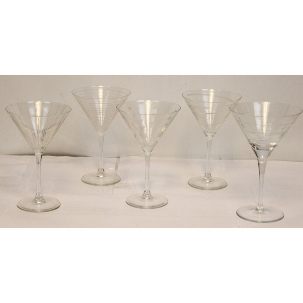 5 Arc France Etched Martini Glasses Spiral Stripes Polka Dot Barware